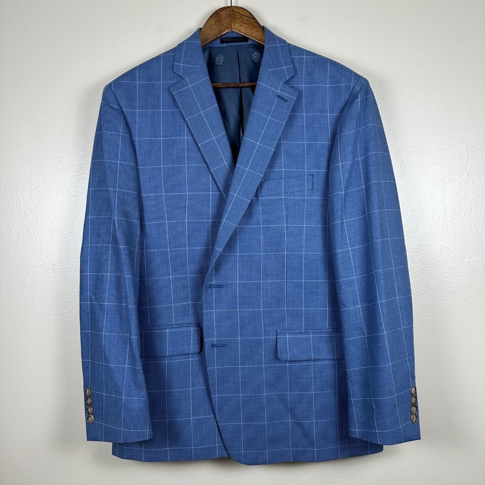 Lauren Ralph Lauren Mens 44R Sport Coat Blue Silk Wool Windowpane Blazer Wedding